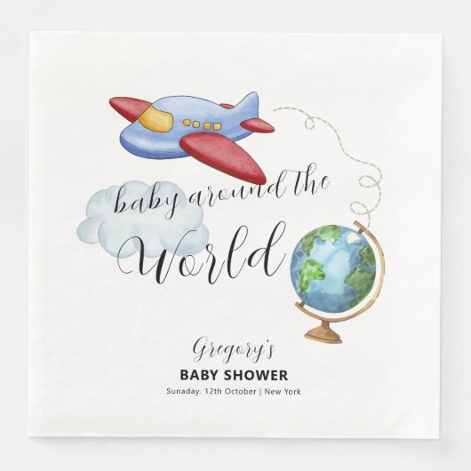 Around The World Map Airplane Boy Baby Shower (正面)