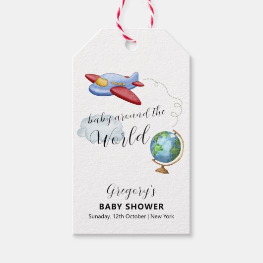 Around The World Map Airplane Boy Baby Shower ギフトタグ (正面)