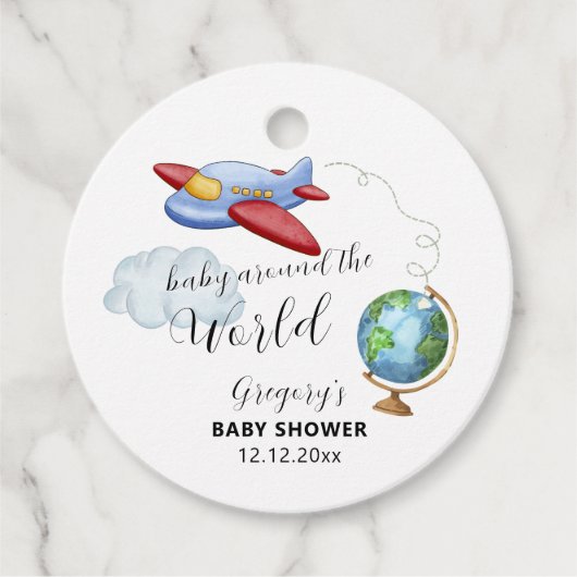 Around The World Map Airplane Boy Baby Shower フェイバータグ (正面)