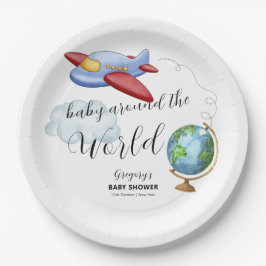 Around The World Map Airplane Boy Baby Shower ペーパープレート