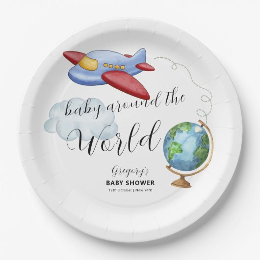 Around The World Map Airplane Boy Baby Shower ペーパープレート (正面)
