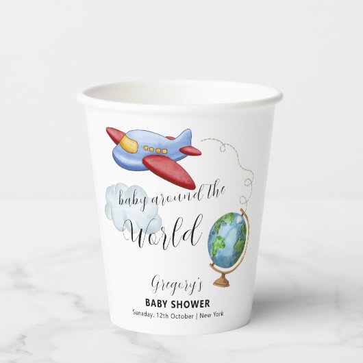 Around The World Map Airplane Boy Baby Shower 紙コップ (正面)