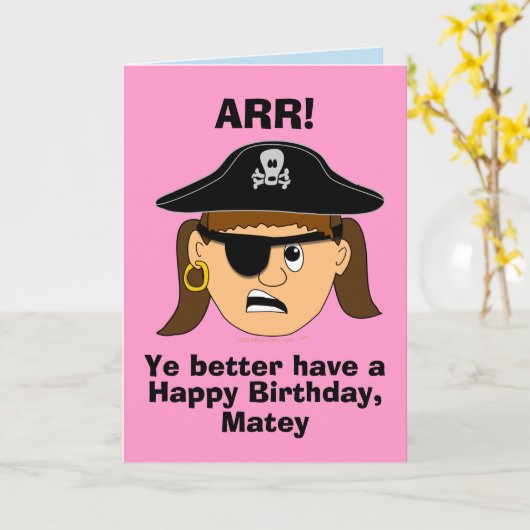 Arrの海賊女の子のおもしろいなバースデー・カードのテンプレート カード (黄色い花)