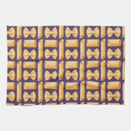 Array of various pasta shapes on a purple キッチンタオル