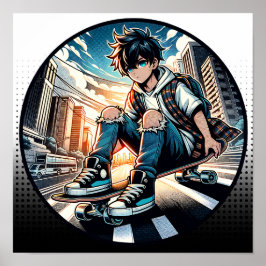 Art ポップ・アートの Boy on Skateboard in City ポスター