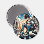 Art ポップ・アートの Boy on Skateboard in City マグネット (正面/裏面)