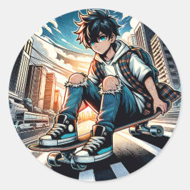 Art ポップ・アートの Boy on Skateboard in City ラウンドシール