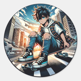 Art ポップ・アートの Boy on Skateboard in City ラウンドシール
