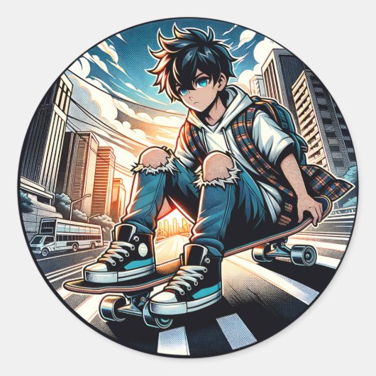 Art ポップ・アートの Boy on Skateboard in City ラウンドシール (正面)