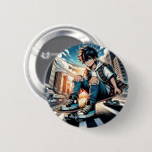 Art ポップ・アートの Boy on Skateboard in City 缶バッジ (正面&裏面)