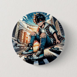 Art ポップ・アートの Boy on Skateboard in City 缶バッジ