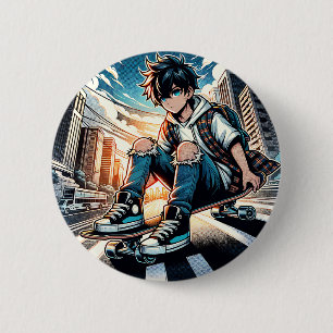 Art ポップ・アートの Boy on Skateboard in City 缶バッジ