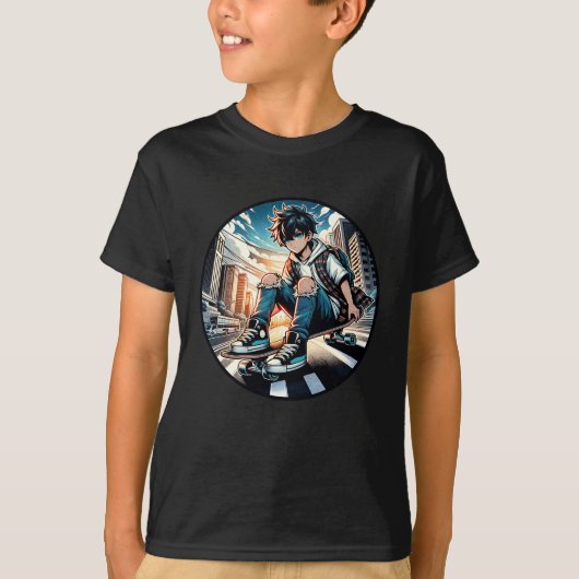 Art ポップ・アートの Boy on Skateboard in City Tシャツ (正面)