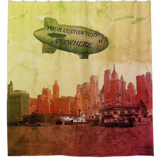 ART 1930'S BLIMP NEW YORK CITY SKYLINE YOUR TEXT シャワーカーテン (正面)