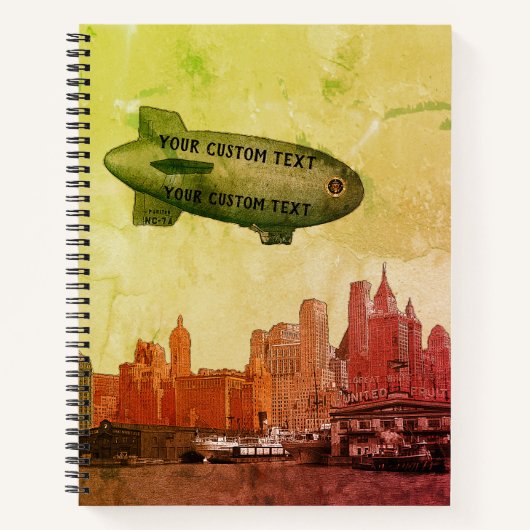 ART 1930'S BLIMP NEW YORK CITY SKYLINE YOUR TEXT ノートブック (正面)