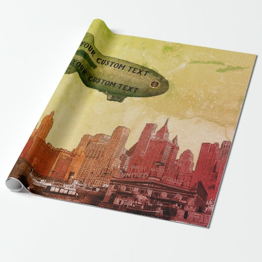 ART 1930'S BLIMP NEW YORK CITY SKYLINE YOUR TEXT ラッピングペーパー (アンロールド)