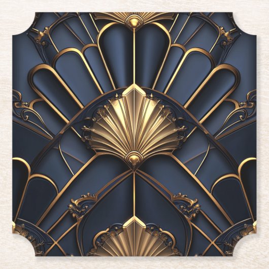 Art Deco 1920's Navy Blue & Gold Elegant ペーパーコースター (正面)