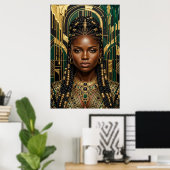 Art Deco Afrofuturism Emerald Gold Black Queen ポスター (ホームオフィス)