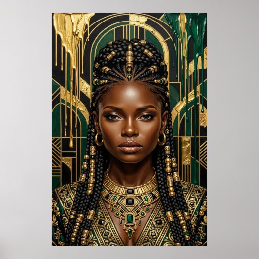 Art Deco Afrofuturism Emerald Gold Black Queen ポスター (正面)
