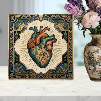 Art Deco Anatomical Heart Teal Green Gold Design タイル