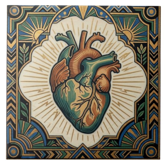Art Deco Anatomical Heart Teal Green Gold Design タイル (正面)