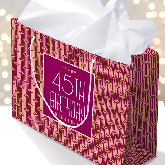 Art Deco Any Age Birthday Name Pink Gold Elegant ラージペーパーバッグ