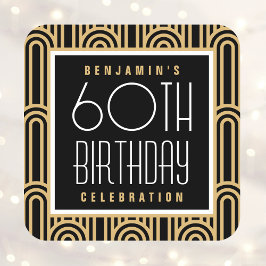 Art Deco Any Age Birthday Party Name Black Gold スクエアシール