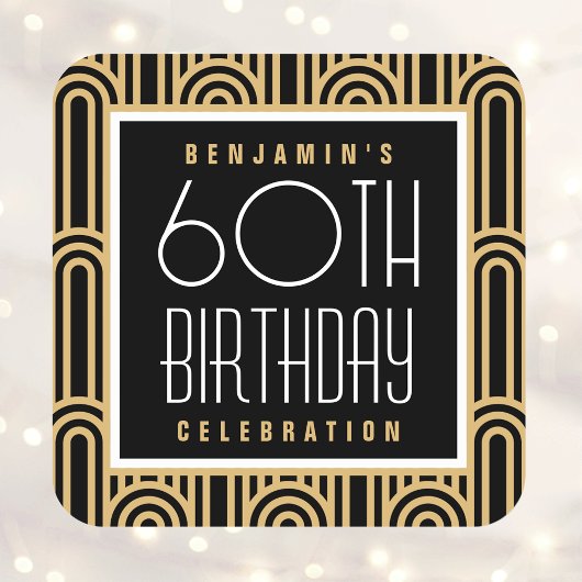 Art Deco Any Age Birthday Party Name Black Gold スクエアシール