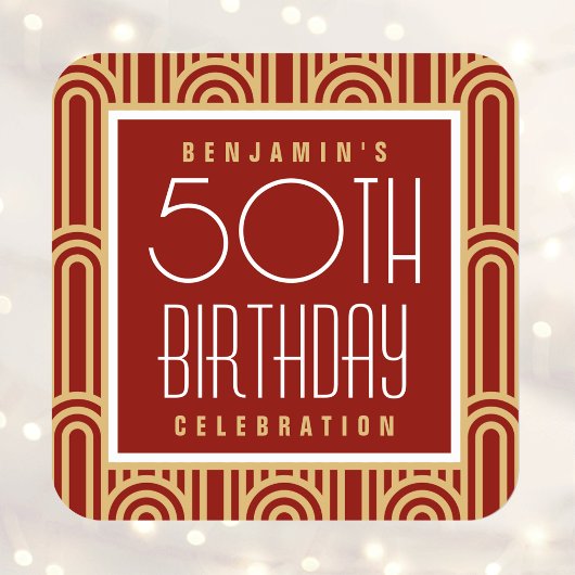 Art Deco Any Age Birthday Party Name Red Gold スクエアシール