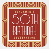 Art Deco Any Age Birthday Party Name Red Gold スクエアシール (正面)