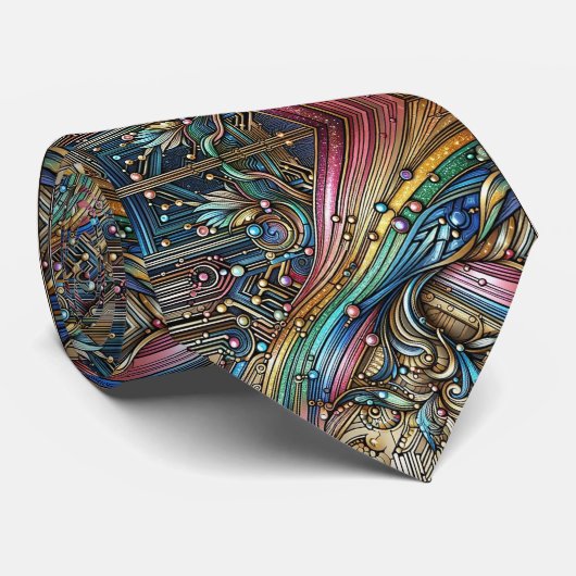 Art Deco Art Nouveau Rainbow Circuit Board Necktie ネクタイ (ロール)