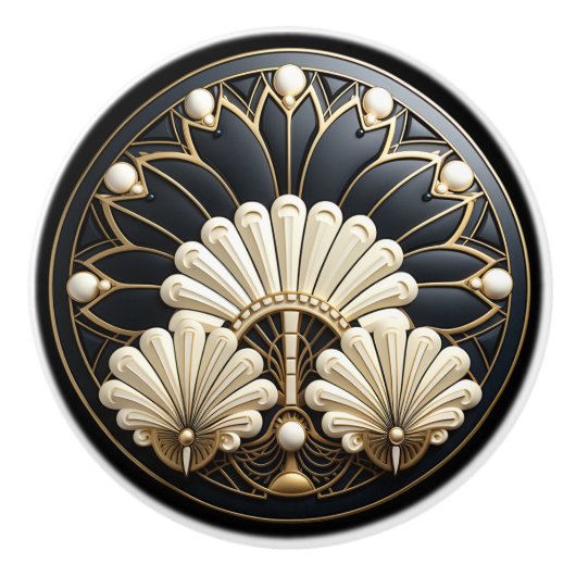 Art Deco Beautiful White Fans Elegant Gold Border セラミックノブ (正面)