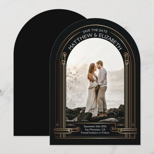 Art Deco Black and Bronze Arch Save the Date 招待状 (正面/裏面)