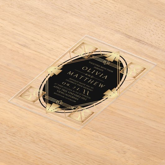 Art Deco Black and Gold Geometric Wedding  アクリル招待状 (レイダウン)