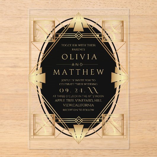 Art Deco Black and Gold Geometric Wedding  アクリル招待状 (正面)