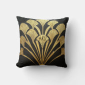 Art Deco Black and Gold Hieroglyphic Plant Motif クッション (正面)