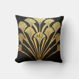 Art Deco Black and Gold Hieroglyphic Plant Motif クッション