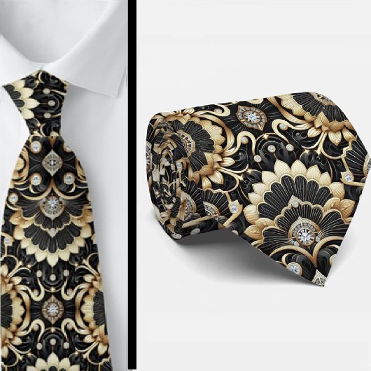 Art Deco Black and Gold Seashell Pattern Neck Tie ネクタイ