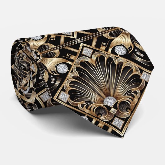 Art Deco Black and Gold Seashell Pattern Neck Tie ネクタイ (ロール)