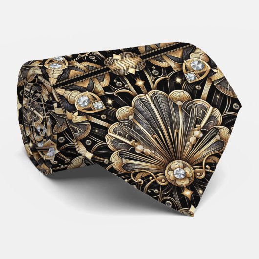 Art Deco Black and Gold Seashell Pattern Neck Tie ネクタイ (ロール)