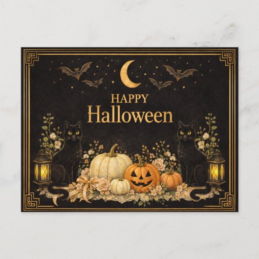 Art Deco Black Cats Luxury Halloween シーズンポストカード (正面)