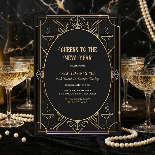 Art Deco Black & Gold Cheers to the New Year 招待状