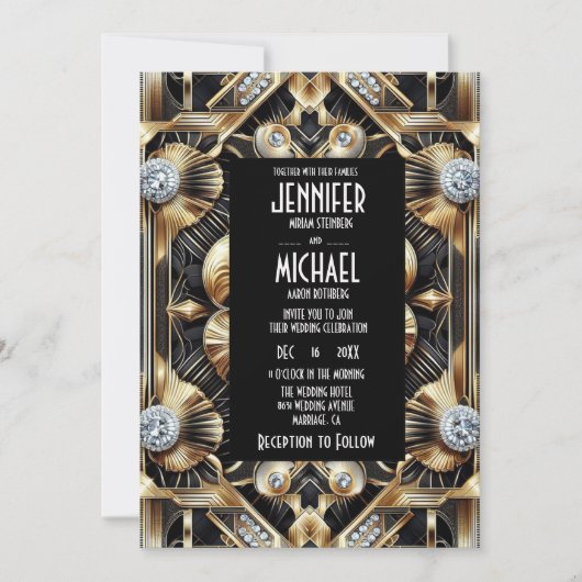 Art Deco Black & Gold Diamond Wedding Invitations 招待状 (正面)