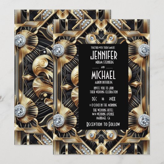 Art Deco Black & Gold Diamond Wedding Invitations 招待状 (正面/裏面)