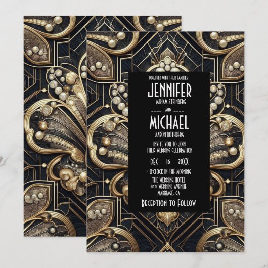 Art Deco Black & Gold Diamond Wedding Invitations 招待状 (正面/裏面)