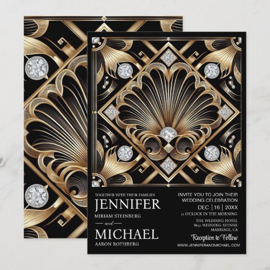 Art Deco Black & Gold Diamond Wedding Invitations 招待状 (正面/裏面)