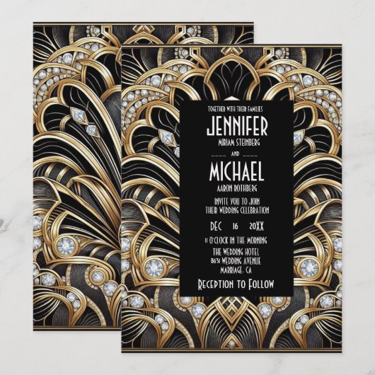 Art Deco Black & Gold Diamond Wedding Invitations 招待状 (正面/裏面)