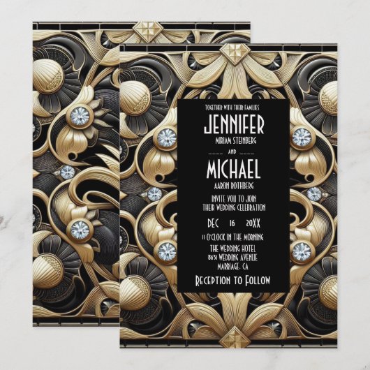Art Deco Black & Gold Diamond Wedding Invitations 招待状 (正面/裏面)