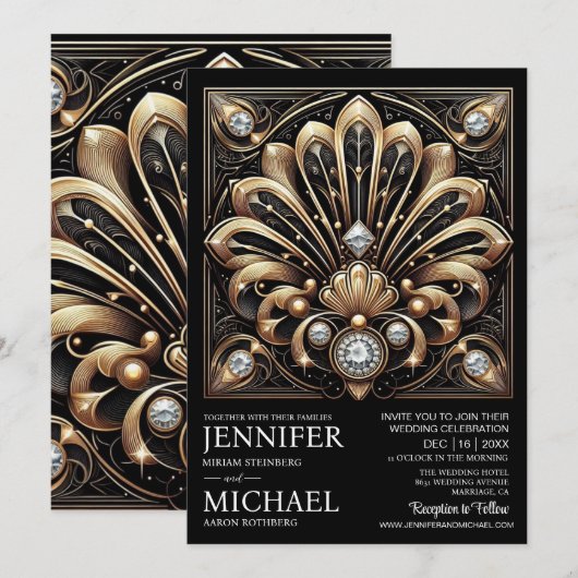 Art Deco Black & Gold Diamond Wedding Invitations  招待状 (正面/裏面)