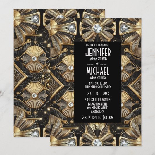 Art Deco Black & Gold Diamond Wedding Invitations 招待状 (正面/裏面)